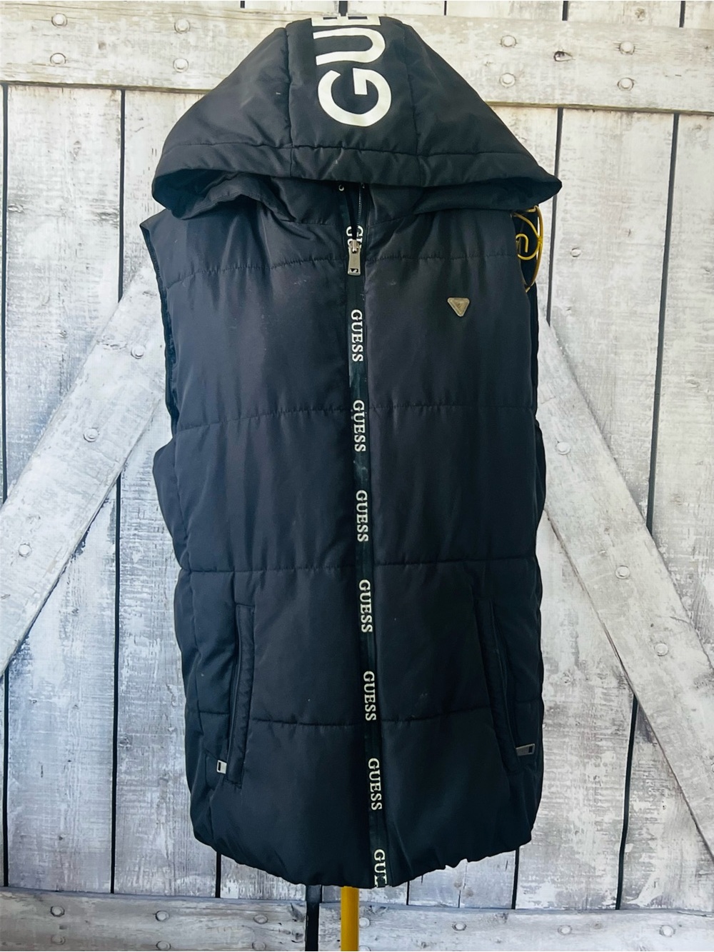 Guess Black Quilted Puffer Vest with Hood